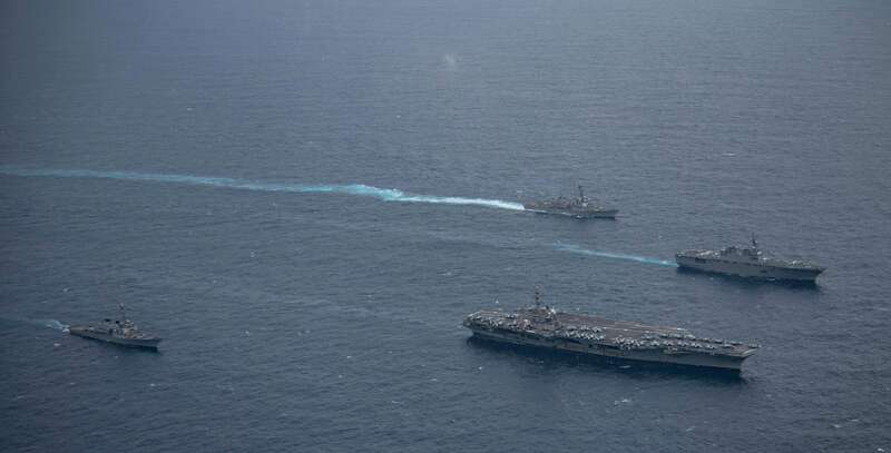 美日韩三国舰队联合行动，这场面可很难见到